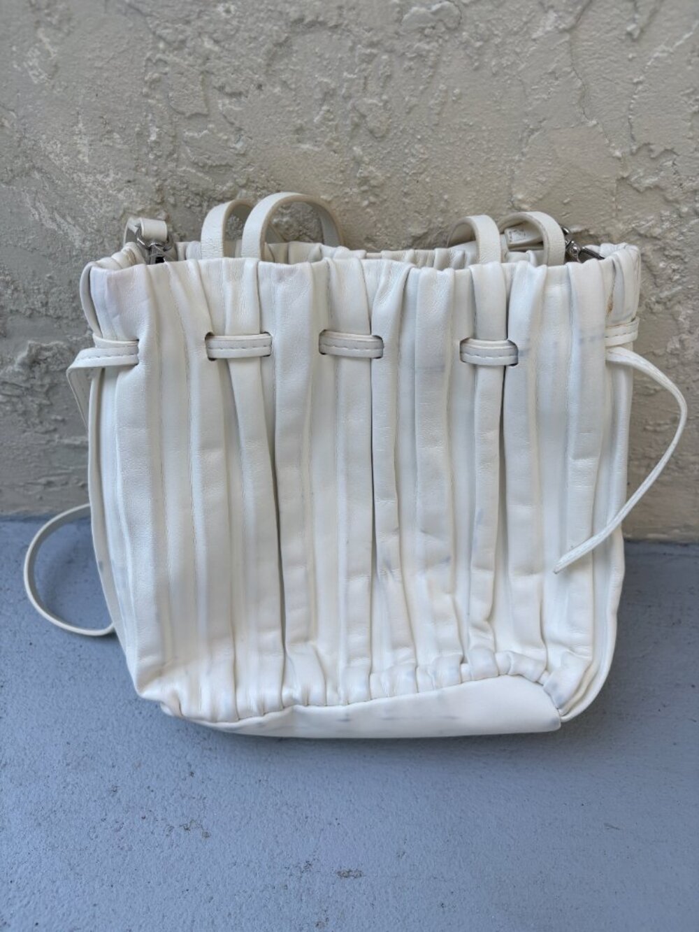 ZARA Pleated Drawstring Bucket Crossbody Bag Cream White